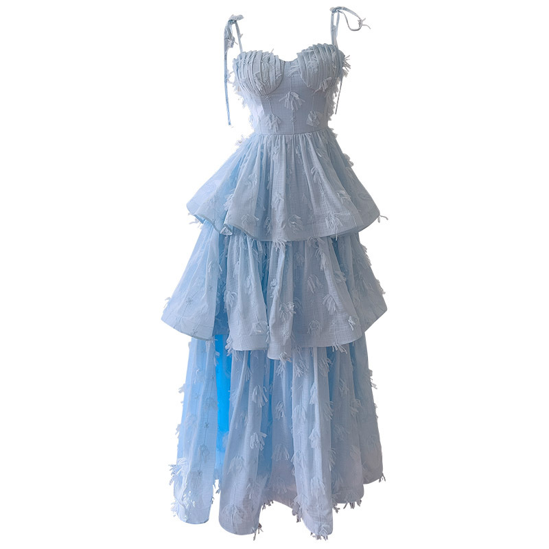 French chiffon ribbon embroidered small dress elegant and sweet blue dress with waist cinched suspender cake long dress 68579 French chiffon ribbon embroidered small dress elegant and sweet blue dress with waist cinched suspender cake long dress 68579
