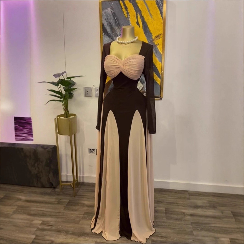 Spot 2025 European and American women's strapless long skirt temperament splicing vacation belt temperament long sleeved waist cinching dress Spot 2025 European and American women's strapless long skirt temperament splicing vacation belt temperament long sleeved waist cinching dress