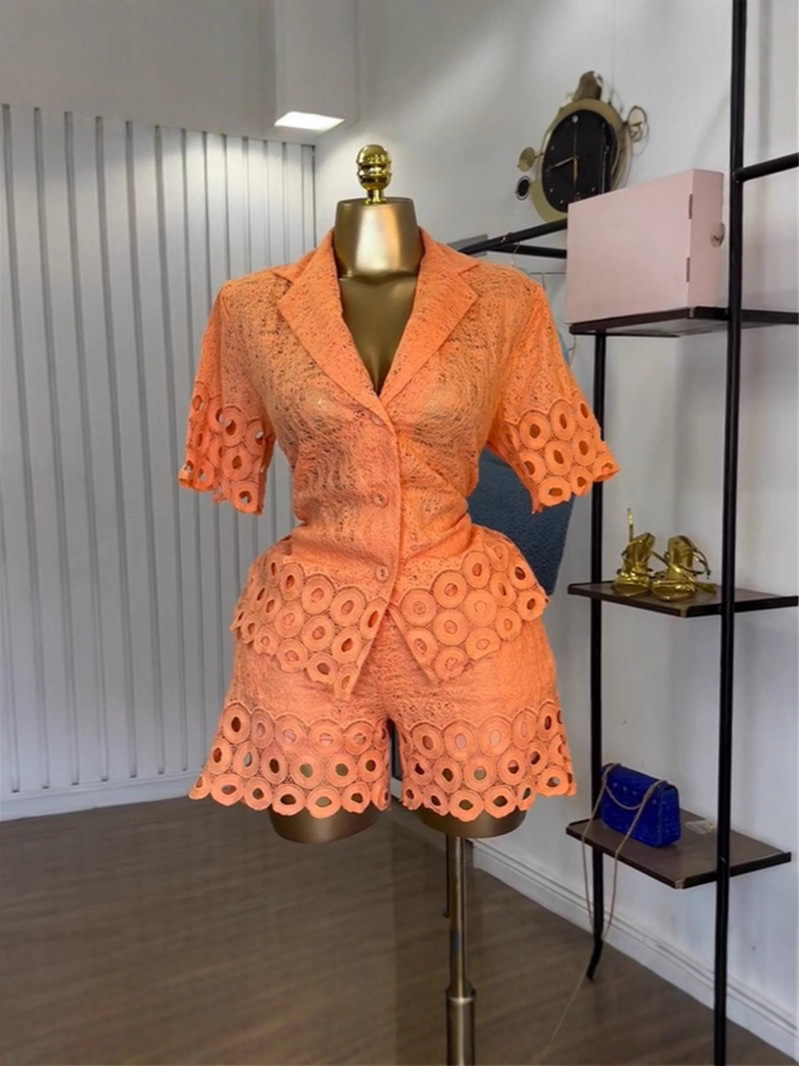 Spot 2025 European and American Cross border Women's Summer Hook Flower Embroidered Hollow Short Sleeve Shirt+Shorts Casual 2-piece Set Spot 2025 European and American Cross border Women's Summer Hook Flower Embroidered Hollow Short Sleeve Shirt+Shorts Casual 2-piece Set