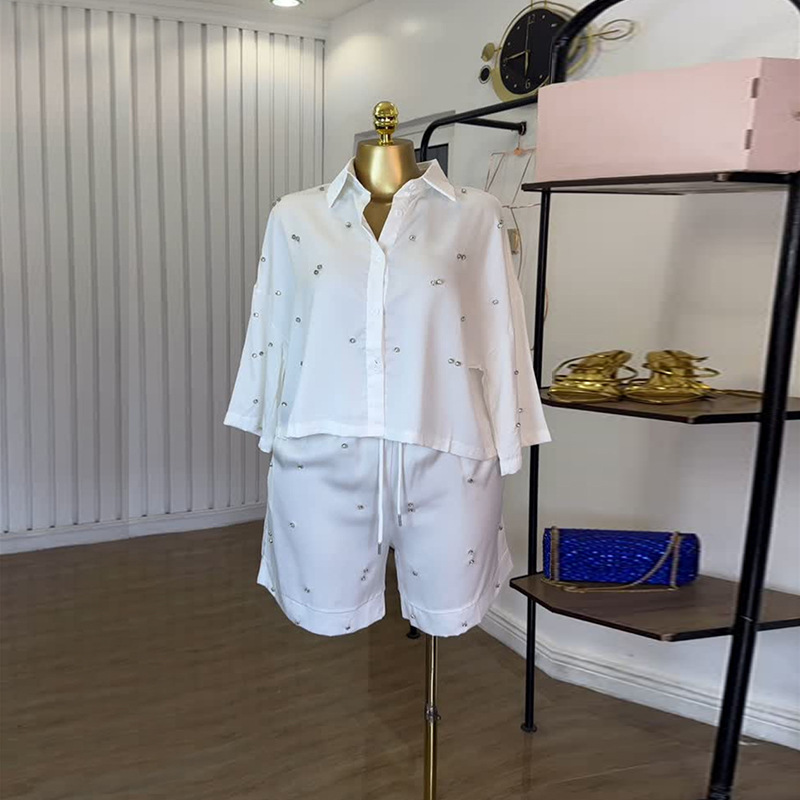 Spot 2025 European and American Cross border Women's Summer Fashion Collar Loose Nail Diamond Shirt Wide Leg Shorts 2-piece Set Spot 2025 European and American Cross border Women's Summer Fashion Collar Loose Nail Diamond Shirt Wide Leg Shorts 2-piece Set