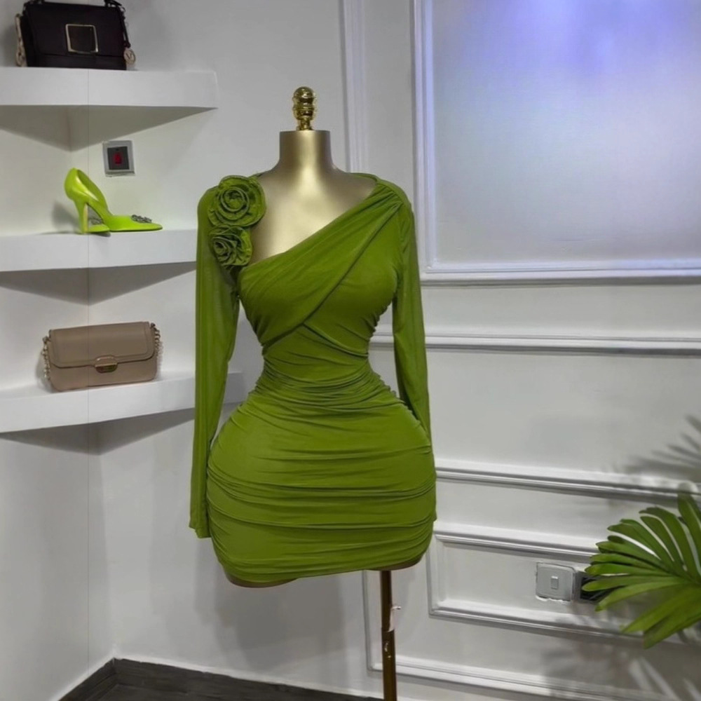 Spot 2025 European and American Cross border Women's Slant Collar Three Dimensional Flower Short Skirt Long Sleeve Wrinkle Show Thin Temperament Dress Spot 2025 European and American Cross border Women's Slant Collar Three Dimensional Flower Short Skirt Long Sleeve Wrinkle Show Thin Temperament Dress