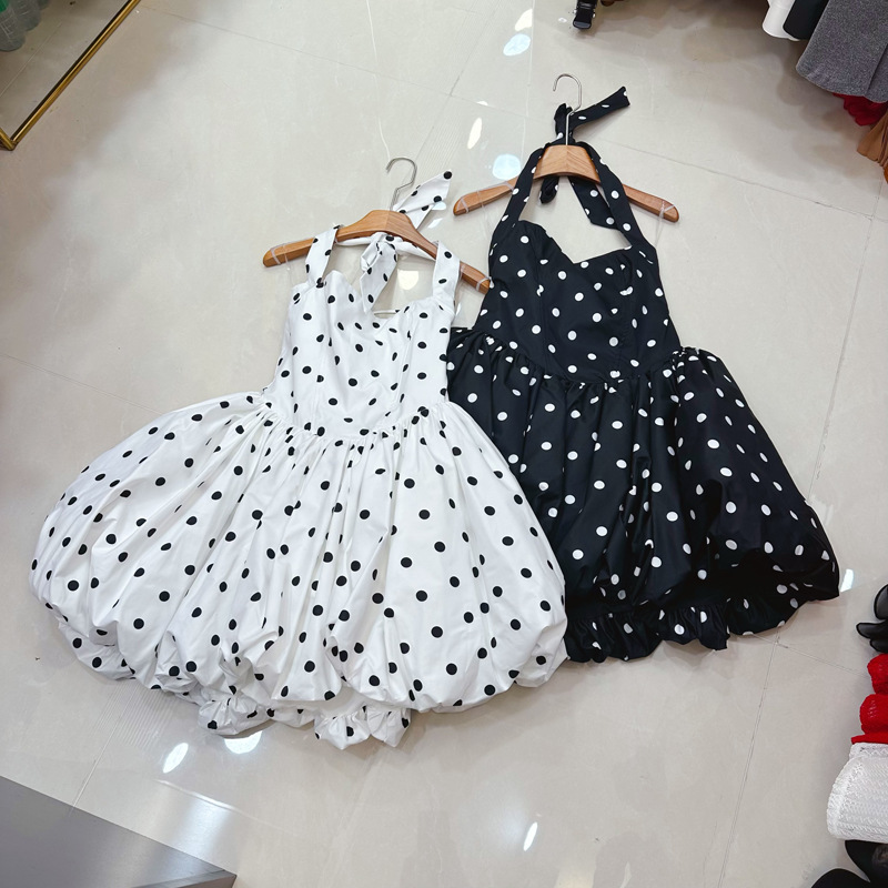 Thirteen line French design polka dot print neck tie butterfly condensation back flower bud skirt dress A1 # 8021