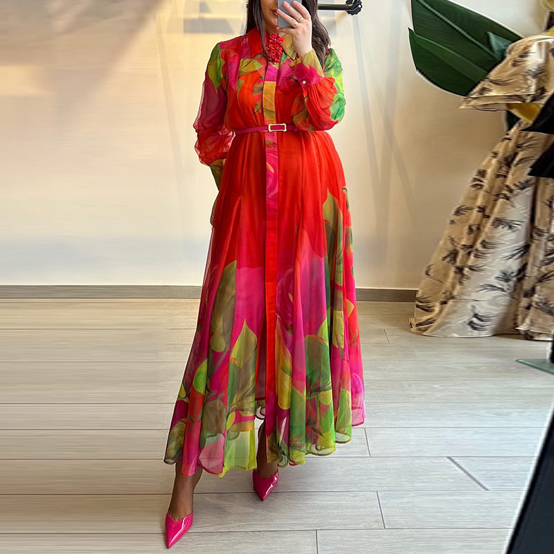 European and American cross-border retro style long skirt 2025 new fashion print lapel belt temperament long sleeved dress for women in autumn
