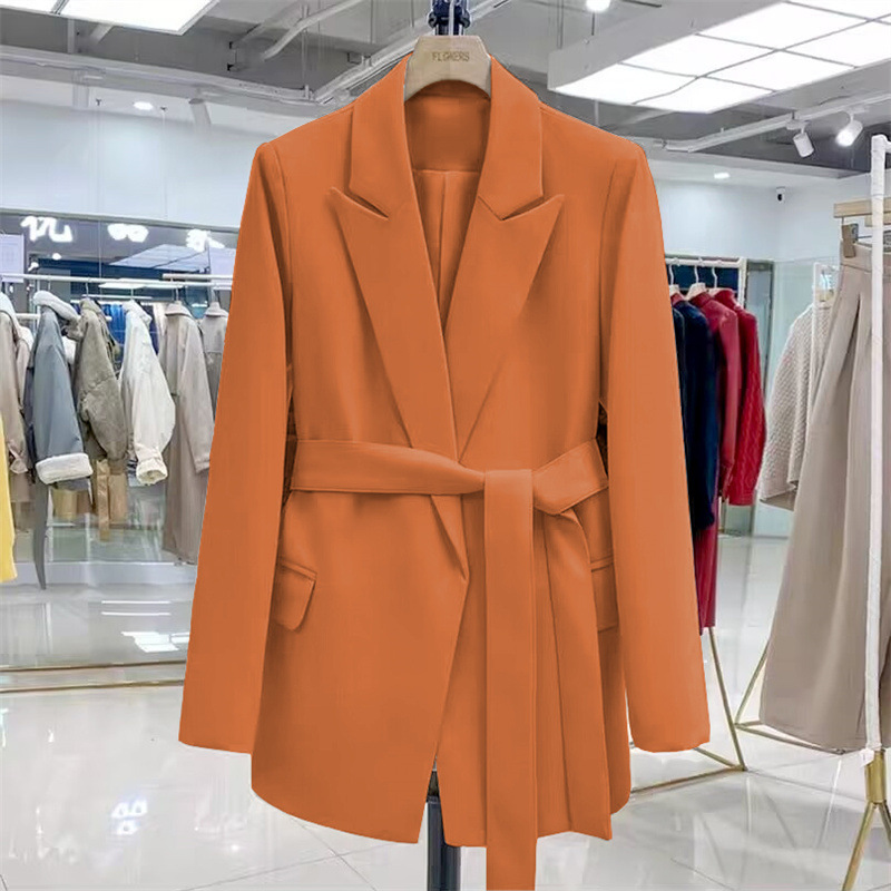 Orange 2025 new Korean version lace up design with a sense of temperament, slim fit and casual mid to long length small suit jacket, top for women