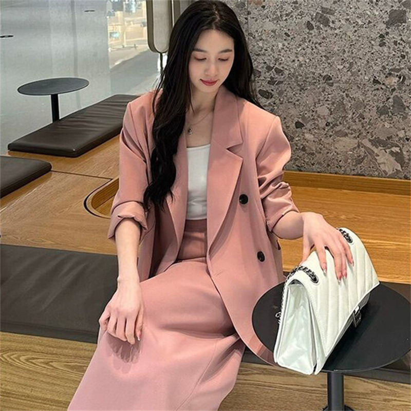 Korean version set, women's pink suit jacket, tea style outfit, half skirt, capable temperament, new two-piece Korean set Korean version set, women's pink suit jacket, tea style outfit, half skirt, capable temperament, new two-piece Korean set