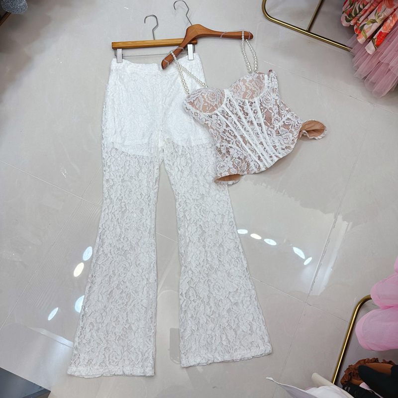 Thirteen line Australian lace embroidered fishbone pearl white camisole vest+straight leg micro flared pants set C1 # 2157 Thirteen line Australian lace embroidered fishbone pearl white camisole vest+straight leg micro flared pants set C1 # 2157