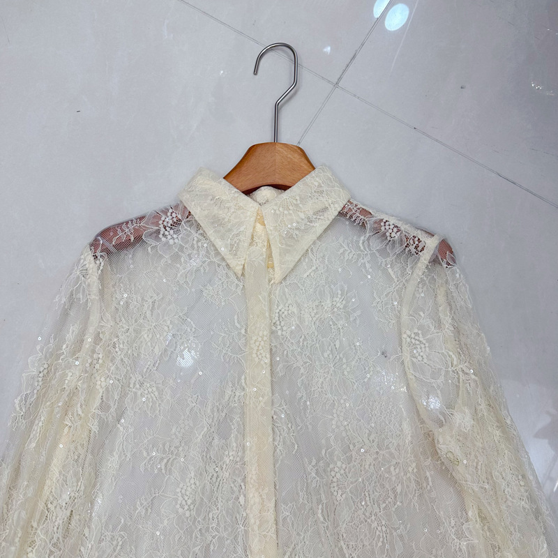 Thirteen Rows Australian niche heavy industry sequin bead lace horn long sleeved petal lapel shirt A2 # 8330 Thirteen Rows Australian niche heavy industry sequin bead lace horn long sleeved petal lapel shirt A2 # 8330