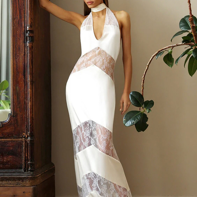 French high-end socialite style dress 2025 new style hanging neck sexy backless fashion V-neck dress for women in summer