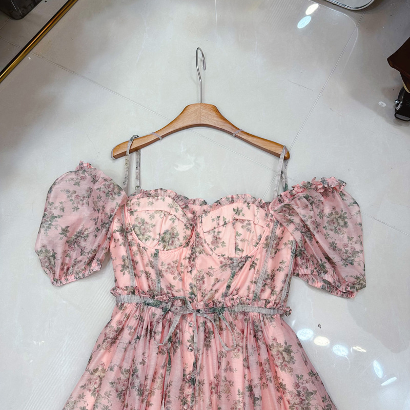 Thirteen Rows European Station French Long Style Simulated Silk Printed Buckle Retro Bubble Sleeve Dress A1 # 8020 Thirteen Rows European Station French Long Style Simulated Silk Printed Buckle Retro Bubble Sleeve Dress A1 # 8020