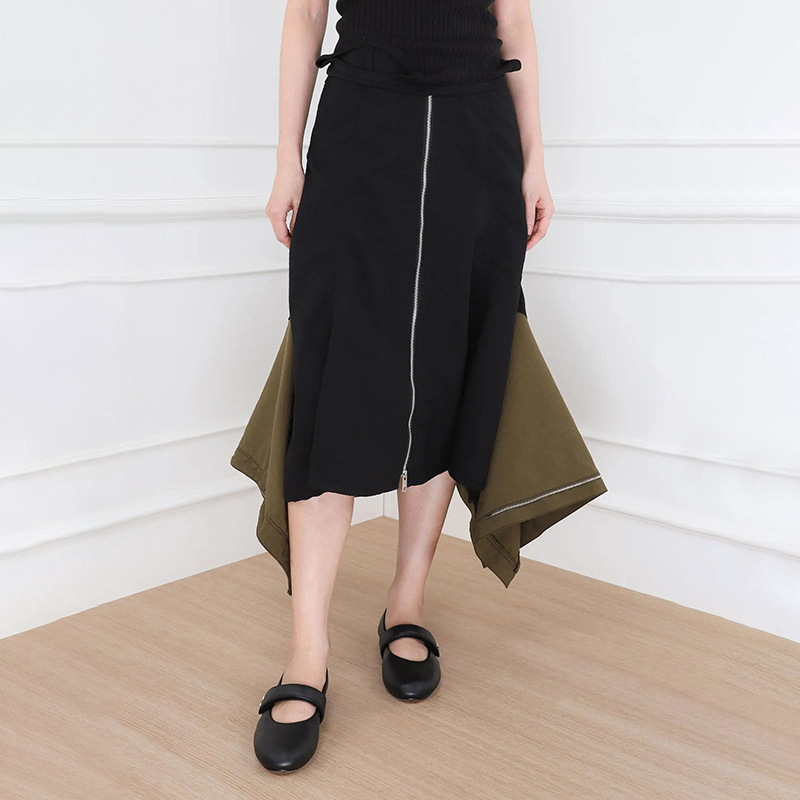 European and American Cross border Irregular Skirt 2025 Autumn New Street Personalized Zipper Splicing Medium length Skirt