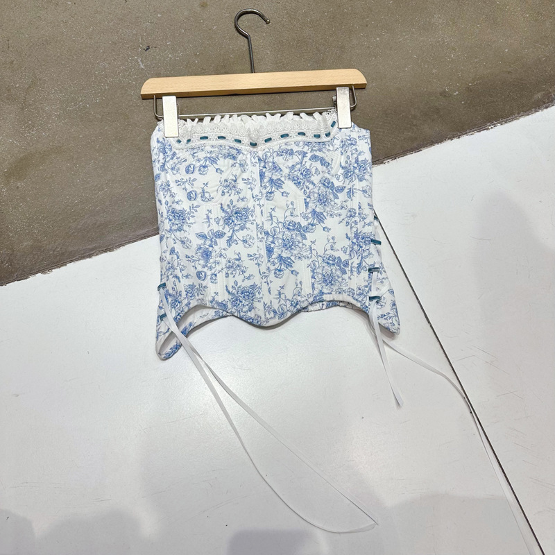 Thirteen Rows Vietnam Vacation Blue and White Porcelain Retro Printed Chest Strap Waist Waist Short Top A2 # 8062