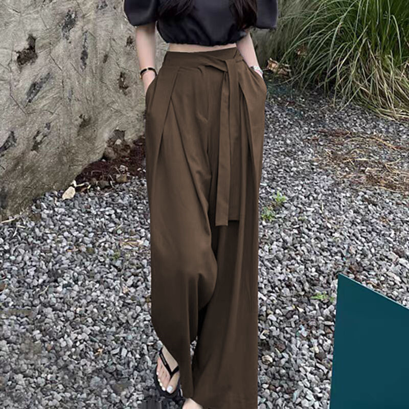 Korean chic niche versatile high waisted pleated asymmetrical strap design with hanging sensation, wide legs, floor length pants, long pants for women Korean chic niche versatile high waisted pleated asymmetrical strap design with hanging sensation, wide legs, floor length pants, long pants for women