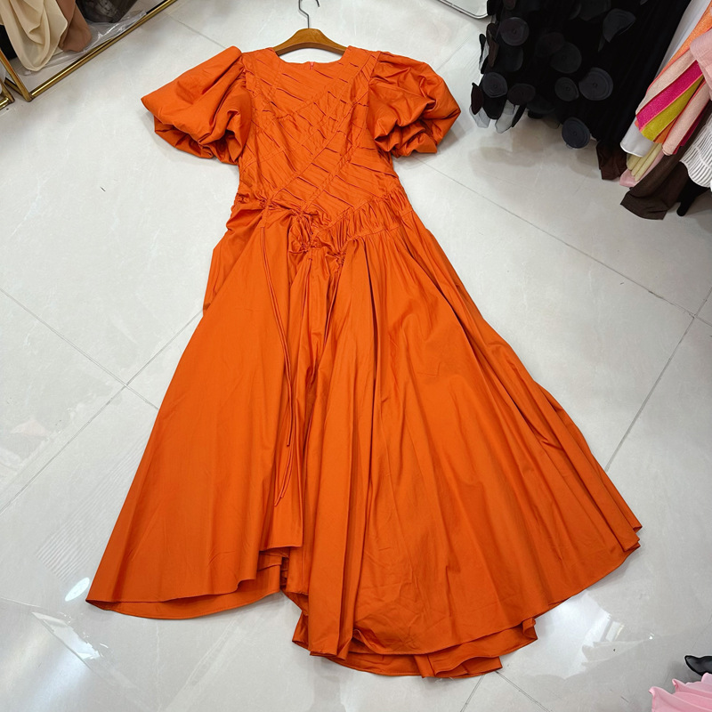 Thirteen line retro bubble sleeve pleated irregular hem long skirt round neck green white dress A2 # 8516 Thirteen line retro bubble sleeve pleated irregular hem long skirt round neck green white dress A2 # 8516