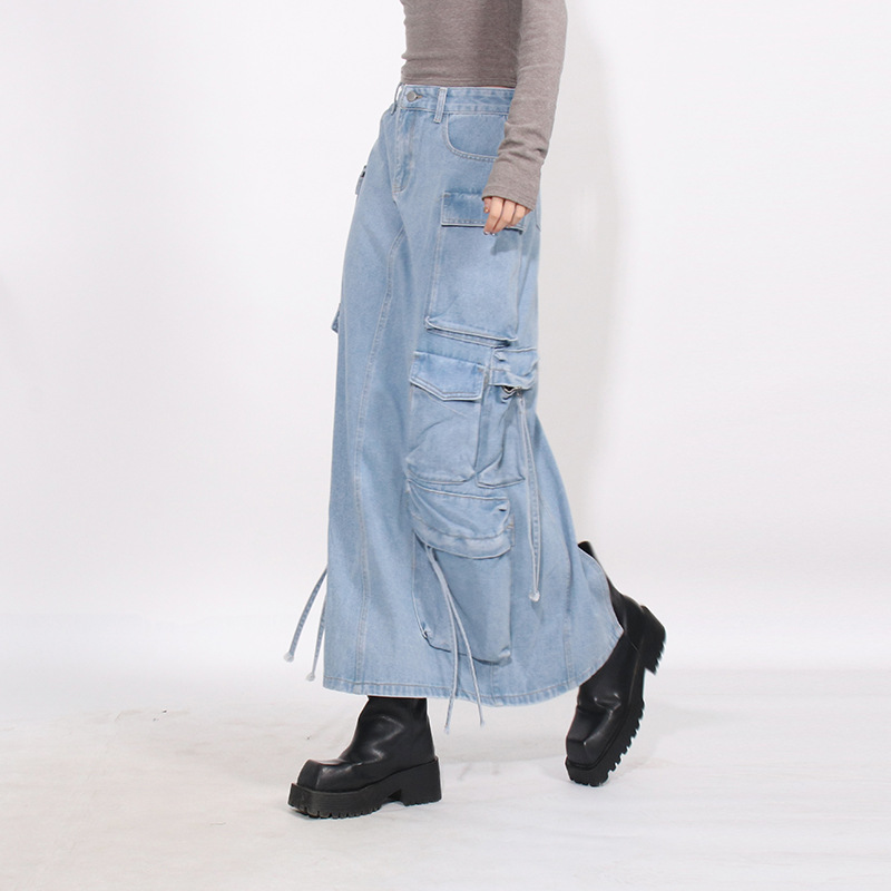 French retro workwear style denim skirt 2025 autumn new fashion design sense patchwork pocket high waist skirt for women