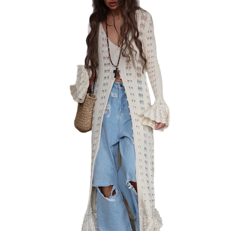 European and American cross-border sexy long jacket 2025 new solid color knitted flared sleeve design feeling slimming windbreaker women's autumn European and American cross-border sexy long jacket 2025 new solid color knitted flared sleeve design feeling slimming windbreaker women's autumn