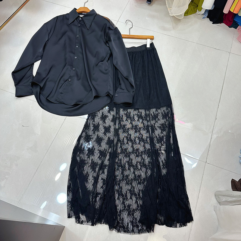 Thirteen line Australian niche perspective sexy lace patchwork shirt+high waist slimming skirt set A1 # 8575 Thirteen line Australian niche perspective sexy lace patchwork shirt+high waist slimming skirt set A1 # 8575