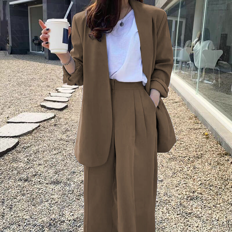 Wide leg pants suit set for women 2025 Spring and Autumn Korean edition fashion temperament British style casual street bombing professional small suit Wide leg pants suit set for women 2025 Spring and Autumn Korean edition fashion temperament British style casual street bombing professional small suit