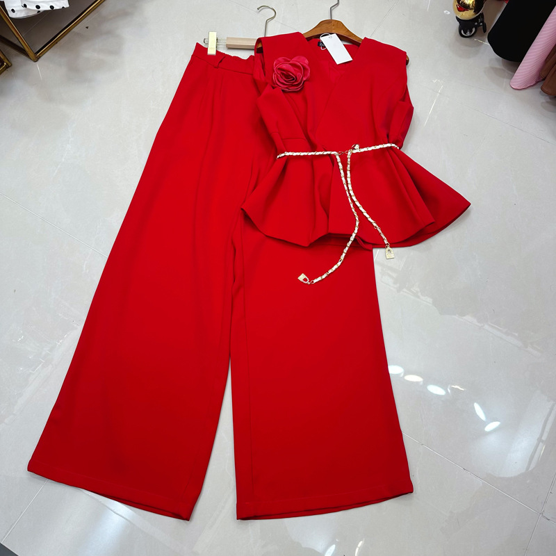 Thirteen line fashion V-neck sleeveless three-dimensional flower chain belt suit vest top pants set C2 # 2511 Thirteen line fashion V-neck sleeveless three-dimensional flower chain belt suit vest top pants set C2 # 2511