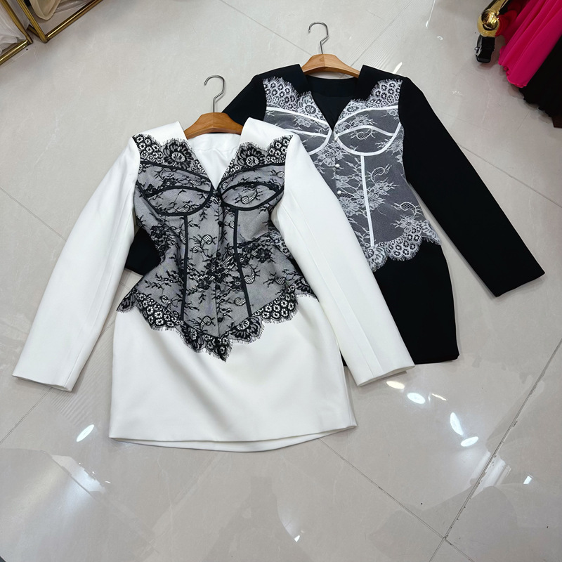 Thirteen Rows Australian niche waist cinched V-neck single breasted lace patchwork fit suit dress short A2 # 8520