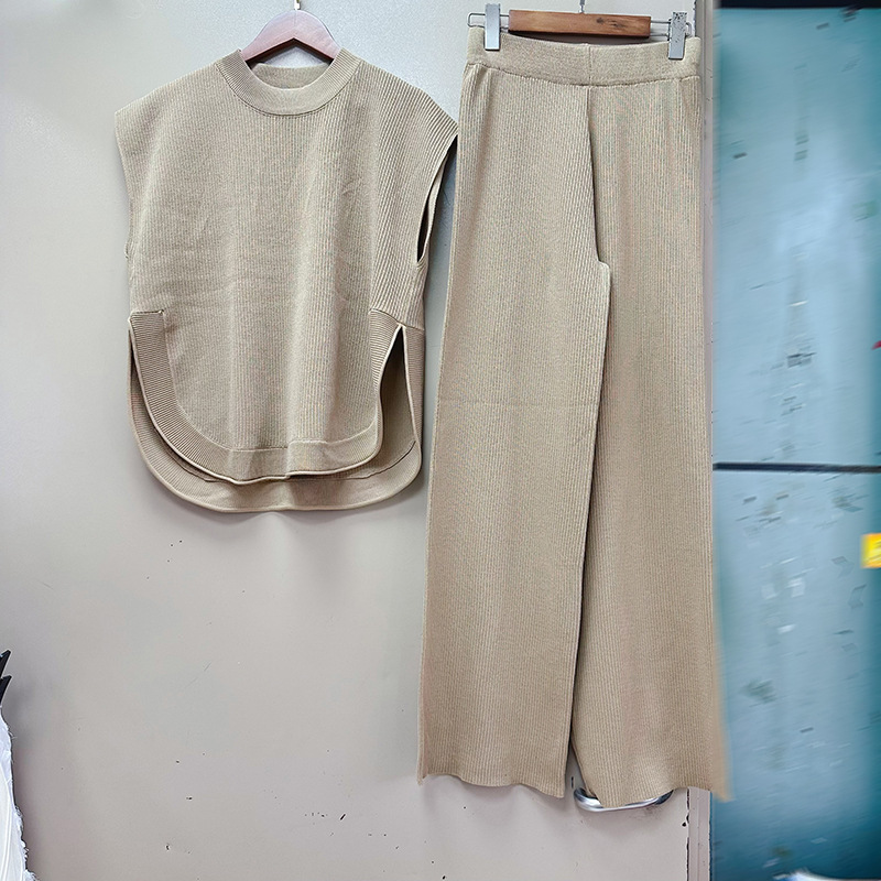 Thirteen line Australian niche sleeveless design with open knit knit vest and casual pants set A2 # 1008