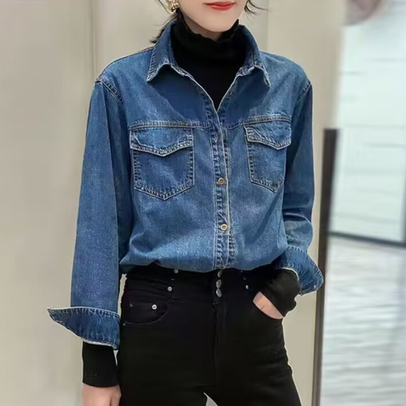 Cowboy shirt women's long sleeved college style 2025 spring and autumn new item slim fit versatile Korean style denim shirt women's base shirt Cowboy shirt women's long sleeved college style 2025 spring and autumn new item slim fit versatile Korean style denim shirt women's base shirt