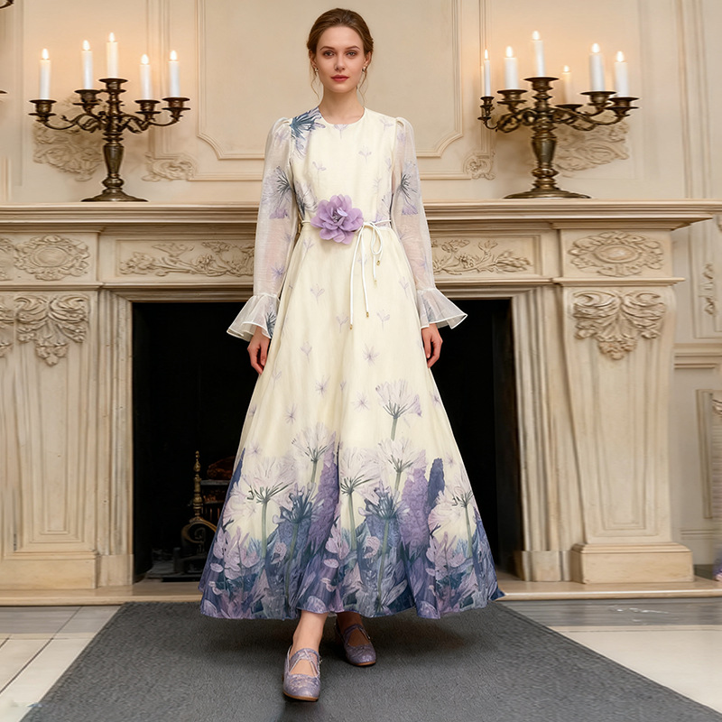 European and American cross-border retro style printed long dress 2025 new strap three-dimensional flower round neck trumpet sleeve dress for women