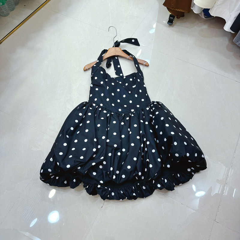 Thirteen line French design polka dot print neck tie butterfly condensation back flower bud skirt dress A1 # 8021 Thirteen line French design polka dot print neck tie butterfly condensation back flower bud skirt dress A1 # 8021