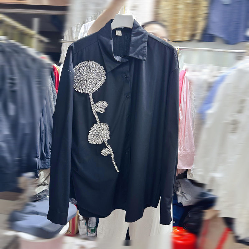 Thirteen Rows Cross border Australian Commuting Style Design with Diamond studded Casual Top Loose and Slimming Shirt A3 # 8989 Thirteen Rows Cross border Australian Commuting Style Design with Diamond studded Casual Top Loose and Slimming Shirt A3 # 8989