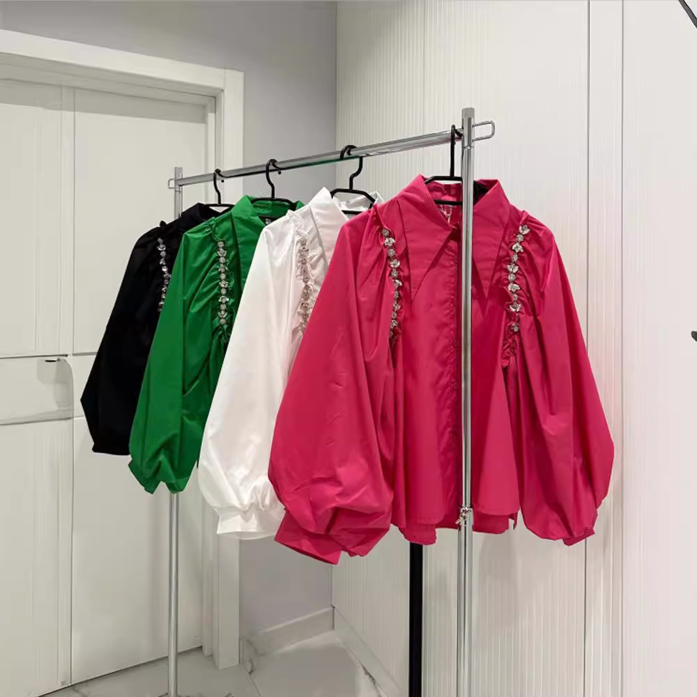 Autumn new niche lapel lantern sleeve long sleeved shirt with black fungus edge heavy industry diamond inlaid chain shirt A3 # 5150