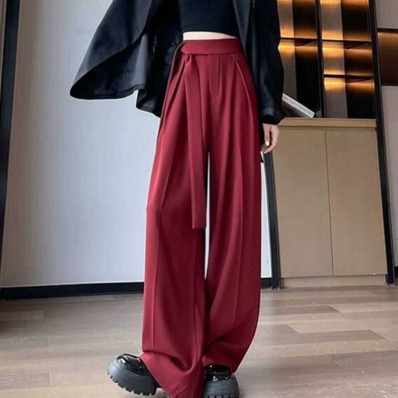 Grey high waisted lace up narrow version suit wide leg pants for women in summer, loose and casual, hanging straight leg mop pants Grey high waisted lace up narrow version suit wide leg pants for women in summer, loose and casual, hanging straight leg mop pants