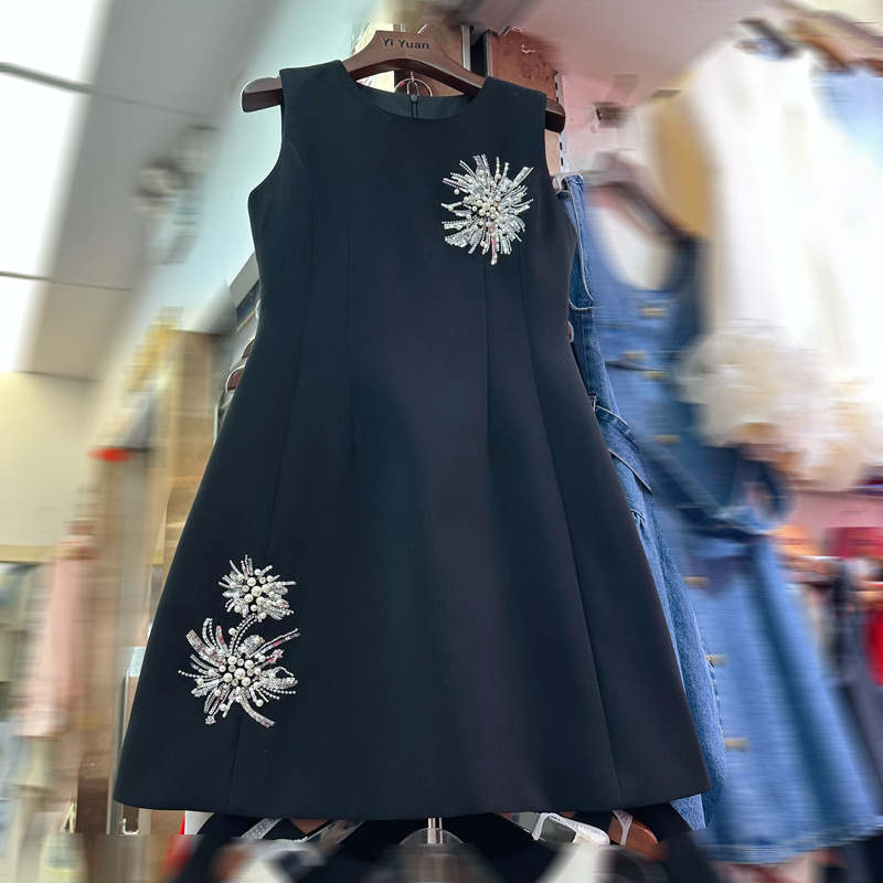 Thirteen line French high-end temperament heavy industry diamond flower decoration waist cinching short vest dress C2 # 2550 Thirteen line French high-end temperament heavy industry diamond flower decoration waist cinching short vest dress C2 # 2550