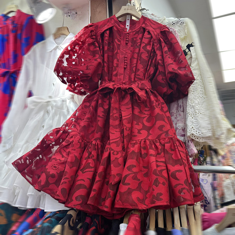 Thirteen line Thai niche loose bubble sleeve single breasted plush lace up bubble sleeve dress A3 # 8970 Thirteen line Thai niche loose bubble sleeve single breasted plush lace up bubble sleeve dress A3 # 8970