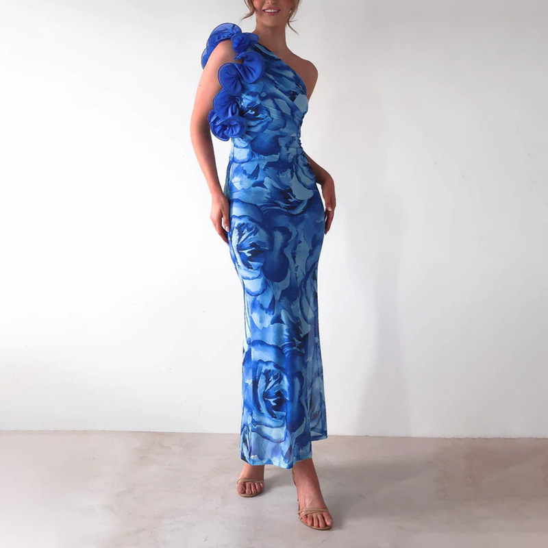 Beach vacation style dress for women 2025 new high-end style, three-dimensional flower slanted shoulder print design, slim fit long skirt