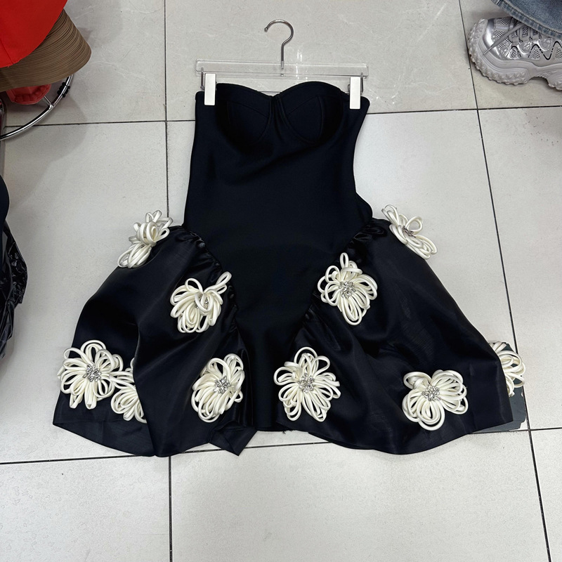 Thirteen line knitted bandage elastic strapless puffy handmade flower dress party evening dress A3 # 2272