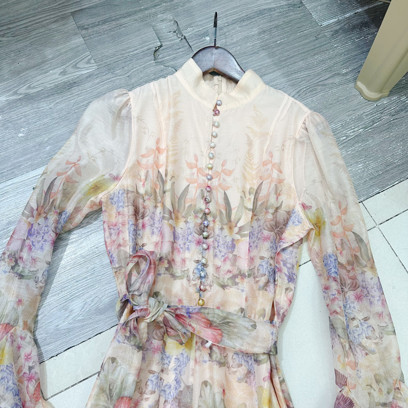 Thirteen line Australian French niche printed breasted long dress with flowing and super fairy style hem A2 # 8210 Thirteen line Australian French niche printed breasted long dress with flowing and super fairy style hem A2 # 8210