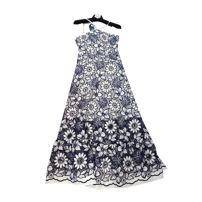 Thirteen line Thai niche heavy industry embroidery vacation style dress with hanging neck and waist hollow suspender skirt A2 # 8113 Thirteen line Thai niche heavy industry embroidery vacation style dress with hanging neck and waist hollow suspender skirt A2 # 8113