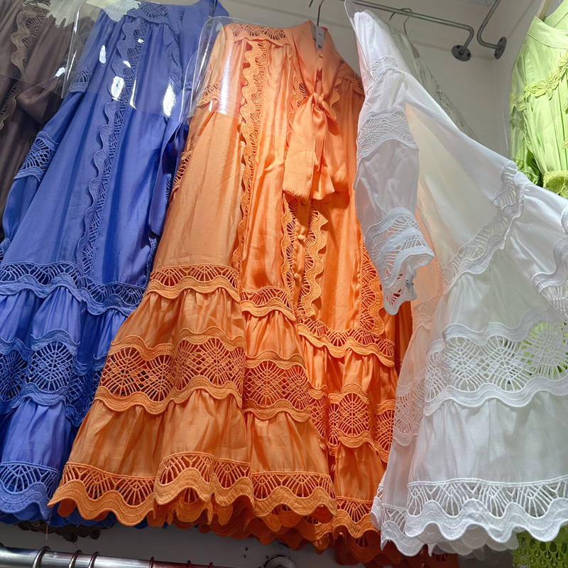 Thirteen Rows Australia Station European and American niche hollow lace splicing tie waist short A-line dress C1 # 1398 Thirteen Rows Australia Station European and American niche hollow lace splicing tie waist short A-line dress C1 # 1398