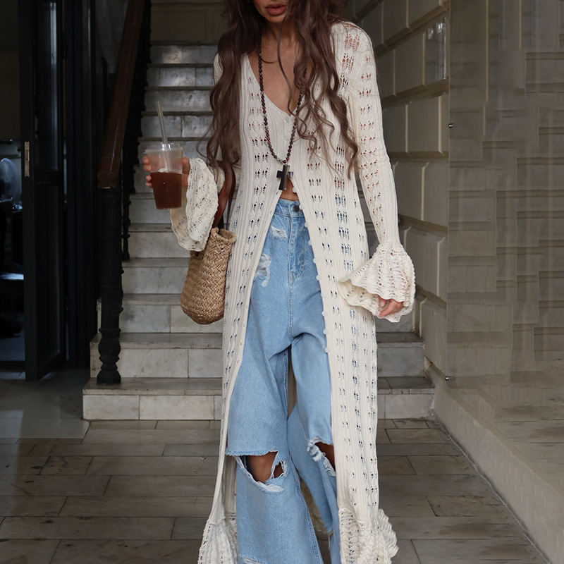 European and American cross-border sexy long jacket 2025 new solid color knitted flared sleeve design feeling slimming windbreaker women's autumn