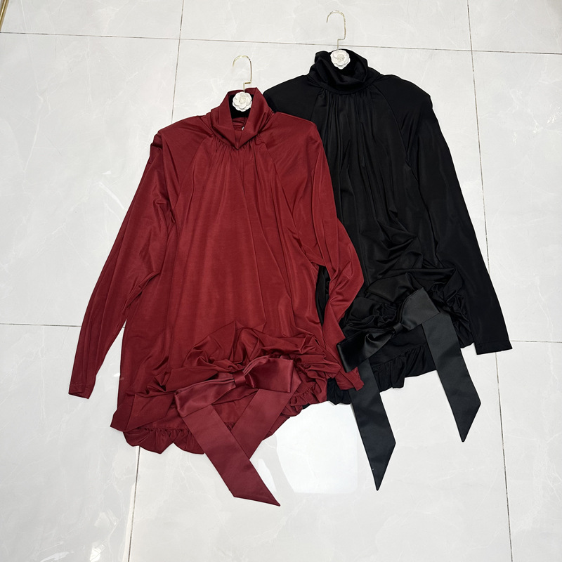 Thirteen line European standing collar long sleeved pleated design with butterfly bow temperament dark style dress D2 # 1818