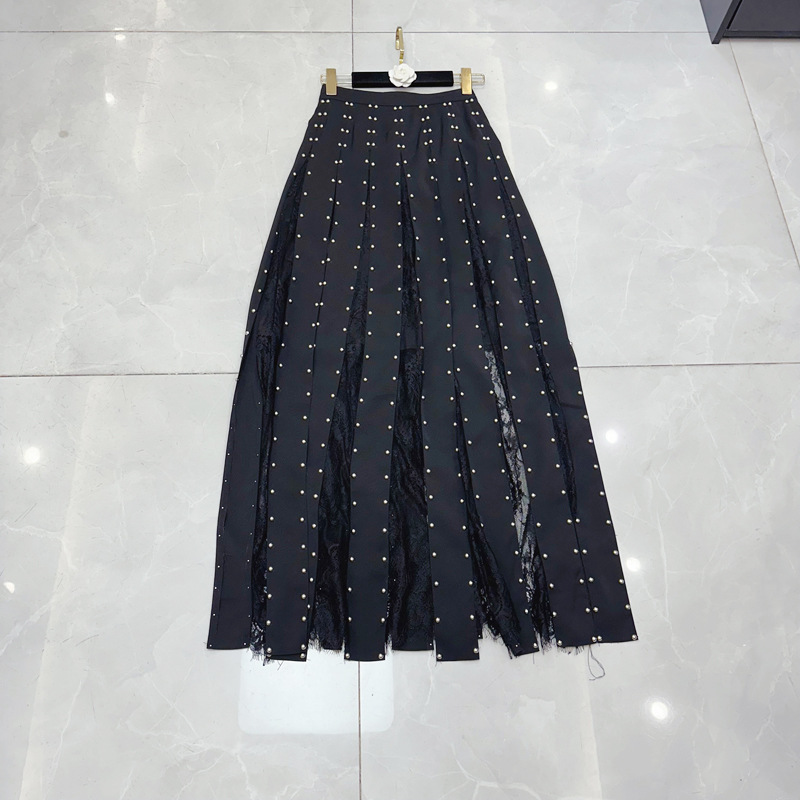 Thirteen lines French dark style sexy super long skirt new rivet decoration lace patchwork skirt C1 # 1621 Thirteen lines French dark style sexy super long skirt new rivet decoration lace patchwork skirt C1 # 1621