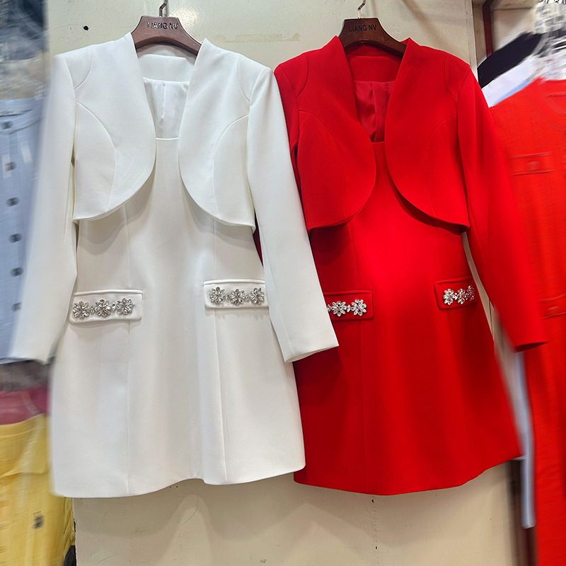 Thirteen line Australian diamond patterned square neck vest dress, short skirt+short long sleeved jacket set A2 # 8366