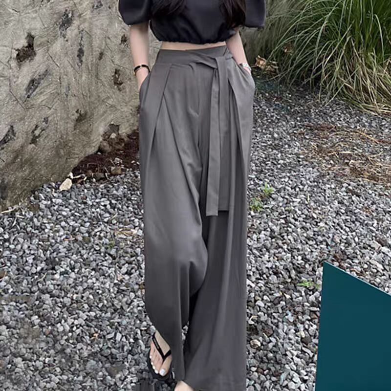 Korean chic niche versatile high waisted pleated asymmetrical strap design with hanging sensation, wide legs, floor length pants, long pants for women