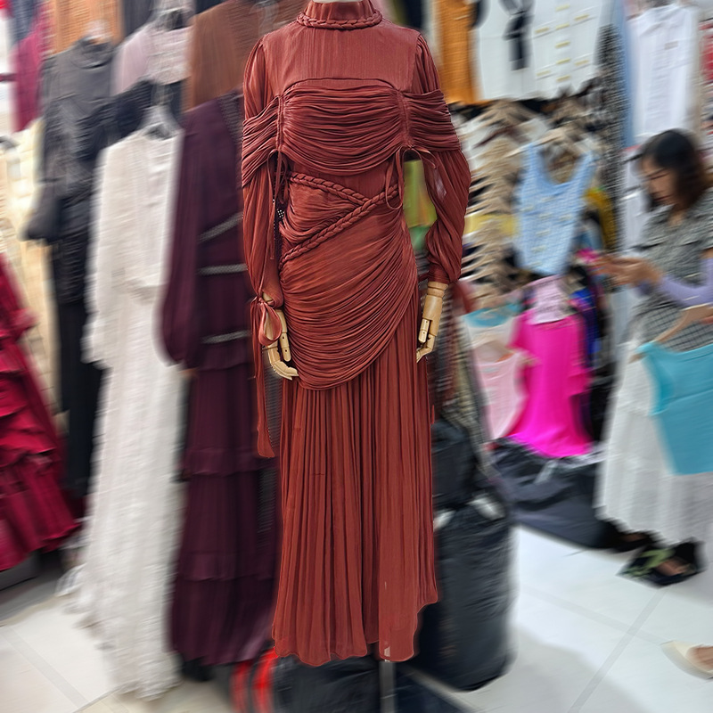 Thirteen line Australian minority knitting Fried Dough Twists big hem long skirt stand collar lantern sleeve pleated dress A1 # 1027 Thirteen line Australian minority knitting Fried Dough Twists big hem long skirt stand collar lantern sleeve pleated dress A1 # 1027