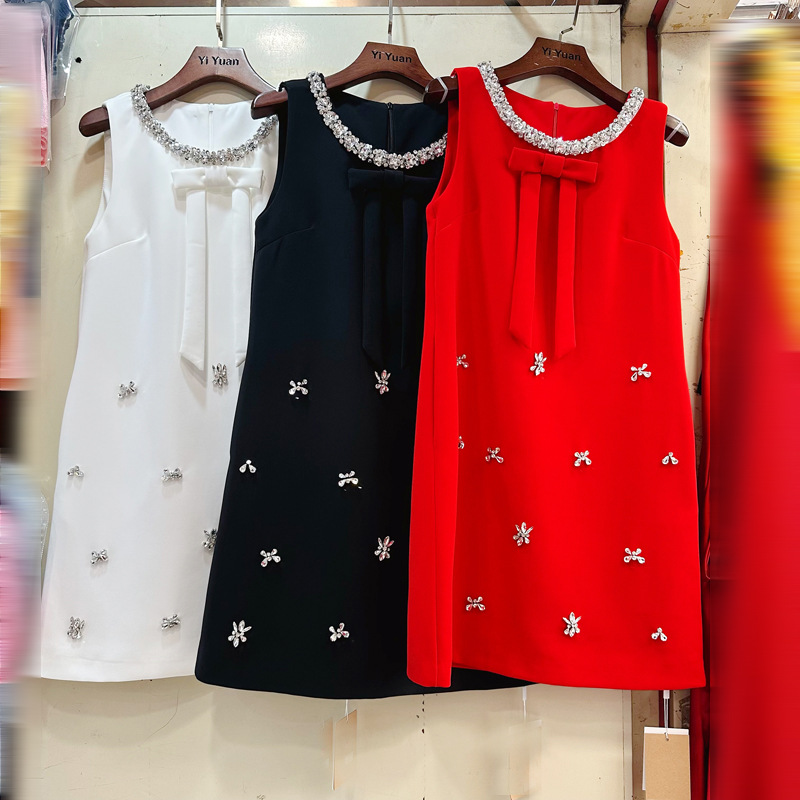 Thirteen Rows Australia New Bow Small Fragrant Wind Heavy Industry Glitter Nail Diamond A-line Sleeveless Dress A2 # 8368