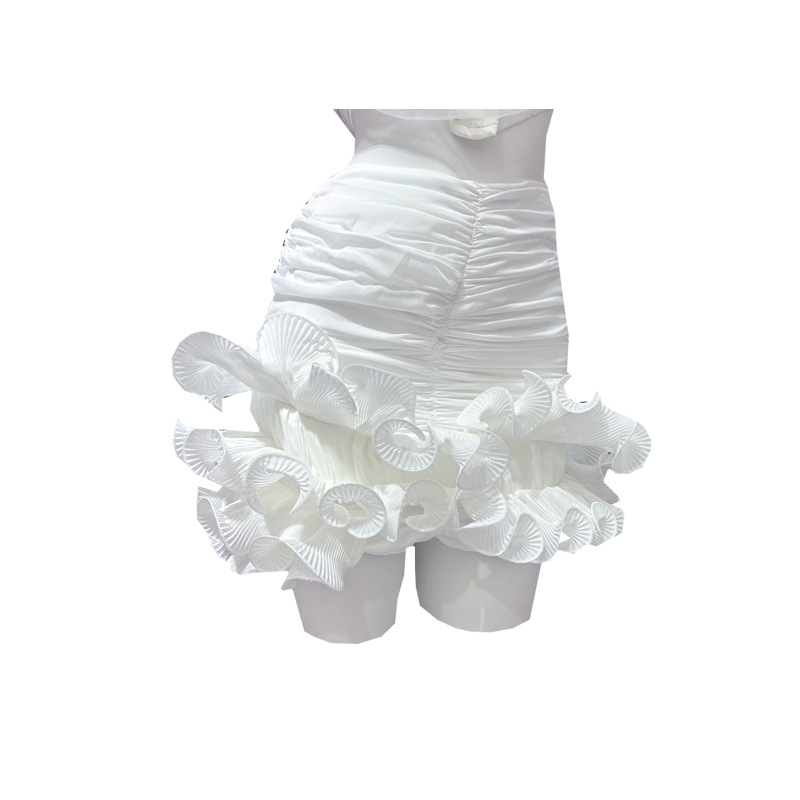 Thirteen line niche three-dimensional flower skirt with asymmetrical ruffle edge design, pleated hip hugging short skirt C3 # 3265 Thirteen line niche three-dimensional flower skirt with asymmetrical ruffle edge design, pleated hip hugging short skirt C3 # 3265