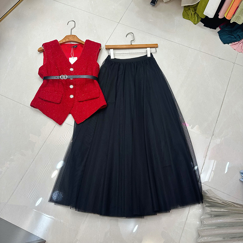 Thirteen element small fragrant style dress set, new popular item, high-end sense, vest mesh skirt two-piece set, A2 # 8566 Thirteen element small fragrant style dress set, new popular item, high-end sense, vest mesh skirt two-piece set, A2 # 8566