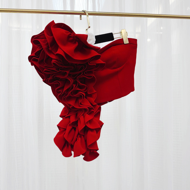 Thirteen lines new trendy European and American style niche design, three-dimensional cutting, large flower tassel strapless C2 # 1208 Thirteen lines new trendy European and American style niche design, three-dimensional cutting, large flower tassel strapless C2 # 1208