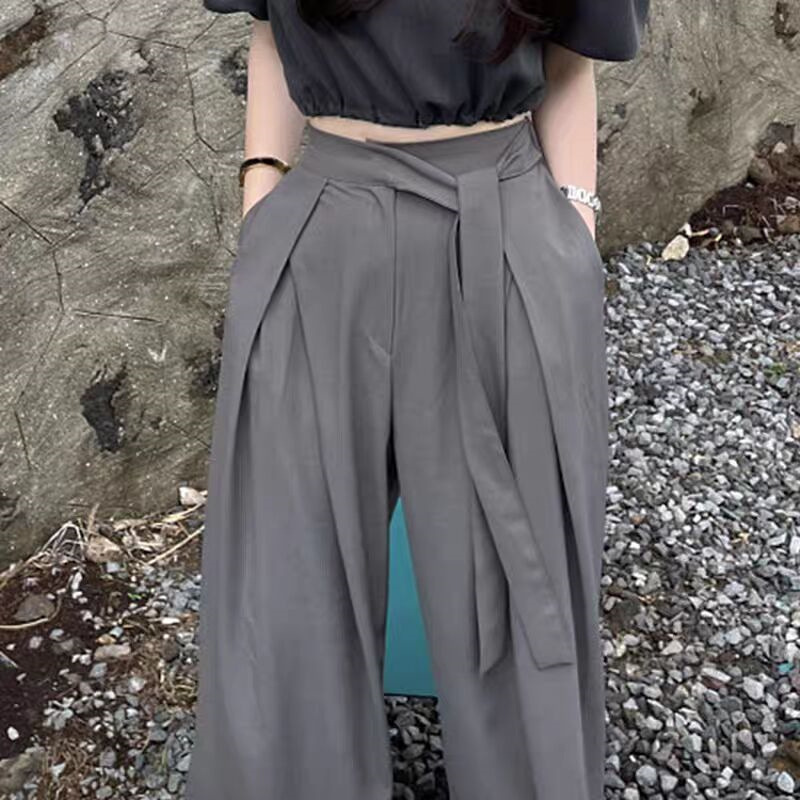 Korean chic niche versatile high waisted pleated asymmetrical strap design with hanging sensation, wide legs, floor length pants, long pants for women Korean chic niche versatile high waisted pleated asymmetrical strap design with hanging sensation, wide legs, floor length pants, long pants for women