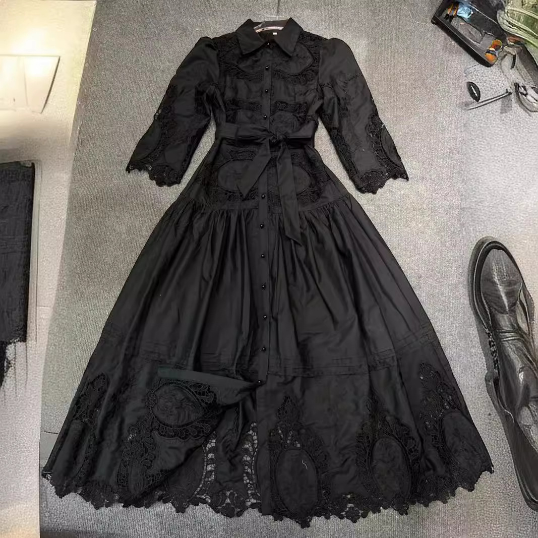 Thirteen line European Collar Bubble Sleeves Strap Waist Splicing Water soluble Flower Lace Dress Long Skirt A3 # 8138 Thirteen line European Collar Bubble Sleeves Strap Waist Splicing Water soluble Flower Lace Dress Long Skirt A3 # 8138
