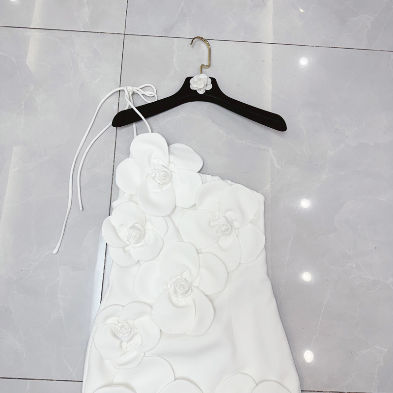 Thirteen lines French chic three-dimensional flower hanging neck tie waist cinching dress A3 # 5500 Thirteen lines French chic three-dimensional flower hanging neck tie waist cinching dress A3 # 5500